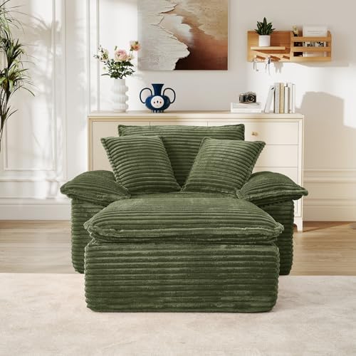 Oversized Chaise Lounge Chair Indoor with Ottoman, Upholstered Corduroy Moder...