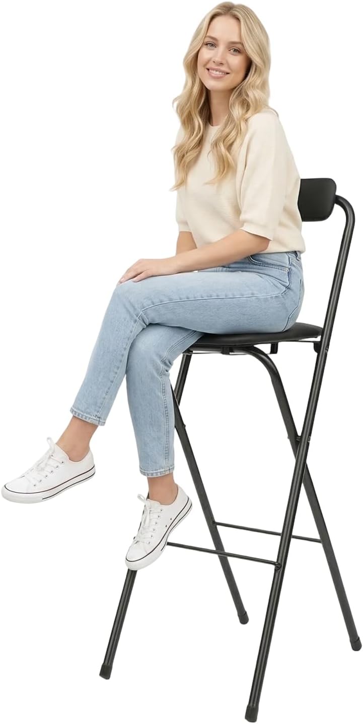 2 Pcs Folding Bar Stool with Backrest, Tall Foldable Stool Chair with PVC Foot Caps Portable Bar Chair Counter Height Seat Leather Padded for Kitchen Island Shop Cafe Dining Room (Black)