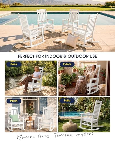 KINGYES Oversized Outdoor Rocking Chairs Set of 2, HDPE Porch Rocker, White |...