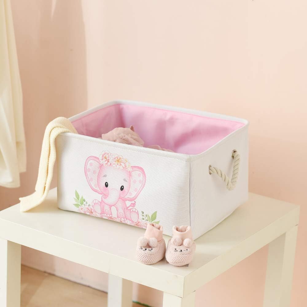 Pink Basket Elephant Storage Bins for Kids, Gift Box for Baby,Collapsible Storage Basket for Toys Clothes,Fabric Laundry Baskets for Baby/Kids/Nursery Room (Medium, Pink Elephant)