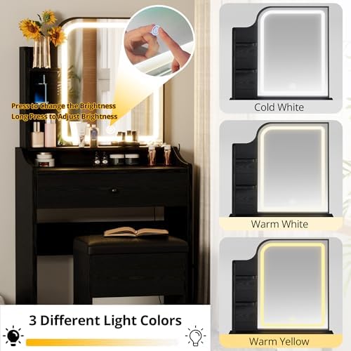 LIKIMIO Small Vanity Desk with Mirror Lights and Storage Stool | Black compac...