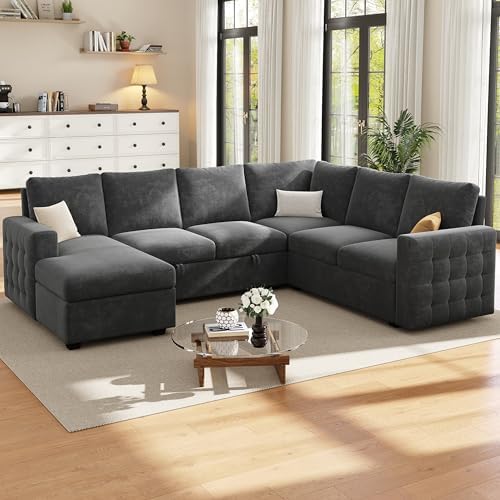104" Sectional Sleeper Sofa Bed, 7 Seat Pull Out Couch with Storage, Gra...