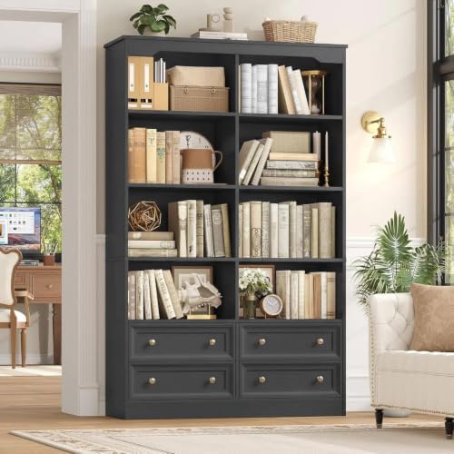 FINETONES 71" Tall Bookshelf with 4 Drawers Black Bookshelf Office Bookcase