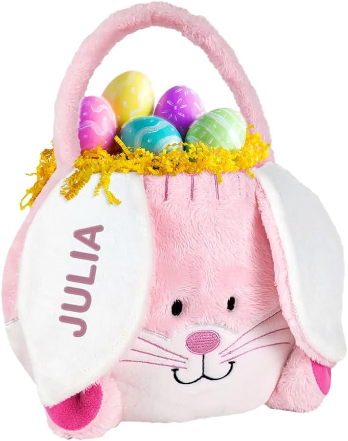 GiftsForYouNow Embroidered Fuzzy Pink Bunny Personalized Easter Basket, Plush...
