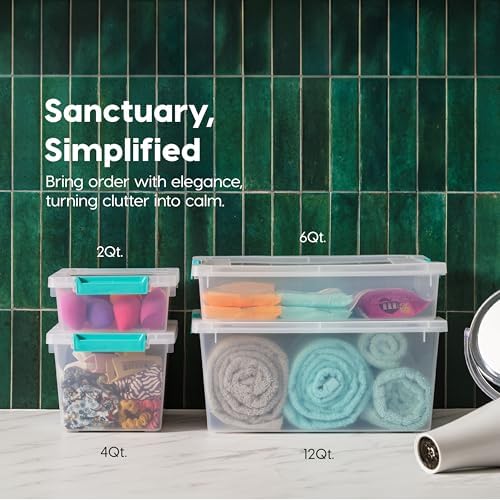 IRIS USA 6 Qt. Craft Storage Bins with Lids, 6-Pack, |Made in USA|, Clip Box, Small Plastic Sensory Bin Tote Organizer Containers for Art Supplies, Paper, & Office, Stackable - Clear/Seafoam Blue