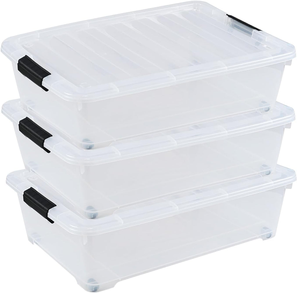 3-Pack 20 Quart Plastic Wheeled Latching Storage Boxes, Stackable Underbed Organizer Bins with Lid, Clear