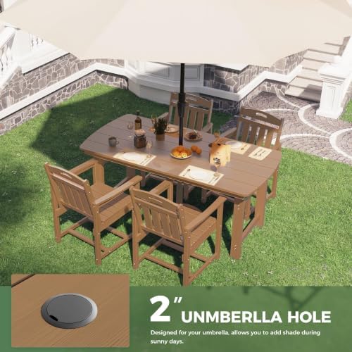 HDPE Outdoor Dining Set, Patio Table and 4 Chairs, 2" Umbrella Hole, Teak