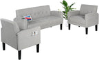 AILEEKISS 3 Piece Living Room Sofa Set Loveseat Sofas Sets with 2 USB,Cup Holders,Side Pocket, Modern Fabric 3 Pcs Sectional Couches Set for Apartment,Office,Bedroom (2-Seat+1-Seat+1-Seat, Light Grey)