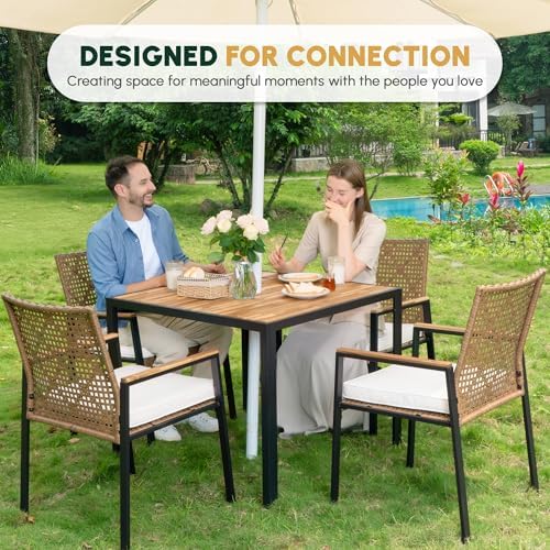 5 PCS Acacia Wood Patio Dining Set, Yellow & White