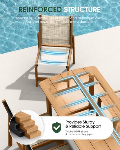 HDPE Outdoor Dining Set, Patio Table and 6 Stackable Armless Chairs, Teak