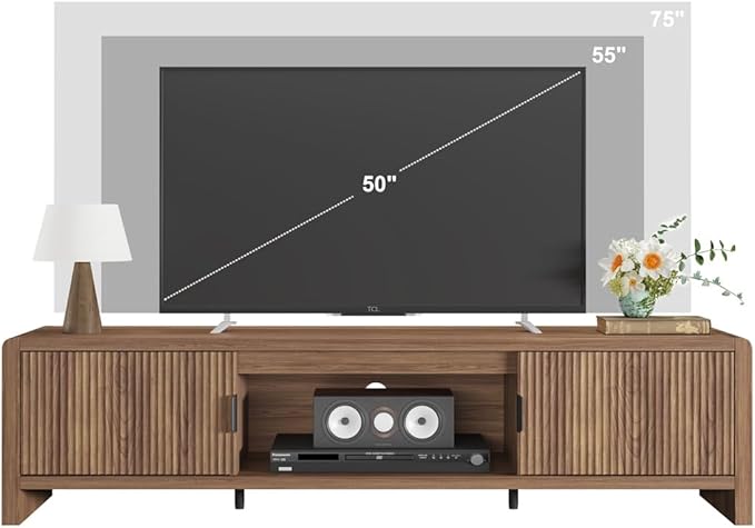 FATORRI TV Stand for 75/65/55 Inch TVs, Farmhouse Entertainment Center with Storage, Wood Waveform Fluted-Door Television Media Console for Living Room,Bedroom (63" W, Walnut)