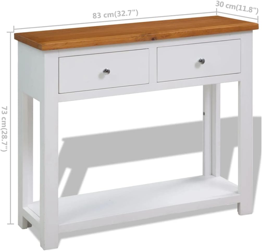 Rustic Small Console Table with Drawers 32.7x11.8x28.7 Inch Solid Oak Wood Entryway Table, Modern Country Style with Shelf and Metal Knobs for Living Room Hallway