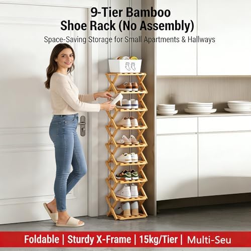 Bamboo Foldable Narrow Shoe Rack, The 9-Tier Bamboo Rack: 3-Tier, 6-Tier, and 9-Layers No-Assembly Storage Solution! Vertical Shoe Organizer Tall for Small Spaces Entryway Bedroom (White, 3 Tier)