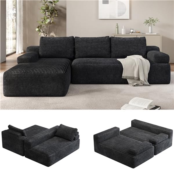 Yaheetech 110" Sectional Sofa Boneless Couch with Chaise, Dark Gray | Sectional Sofa Cloud Couch Corduroy Modular L-Shape Couch No Assembly Sofa with Detachable Pillow for Living Room Guest Room