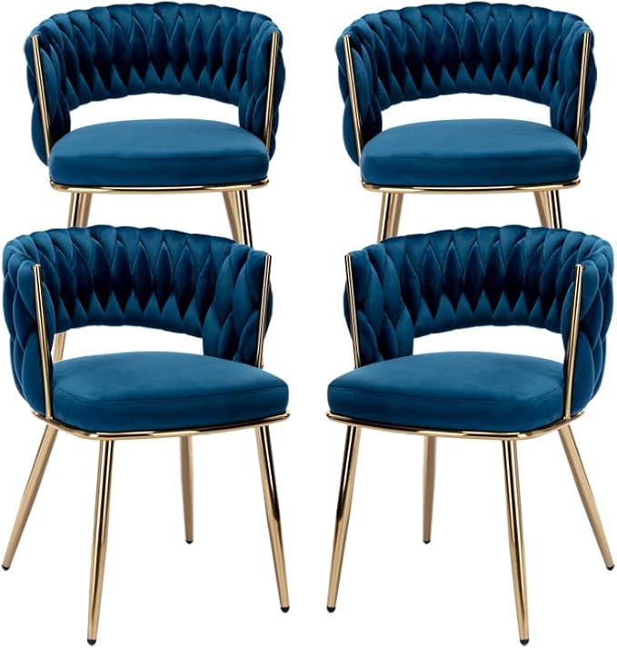KCC Modern Velvet Dining Chairs Set of 4, Back and Golden Metal Legs, Mid-Century Accent Side Chair for Living Room, Dining Room, Kitchen, Blue