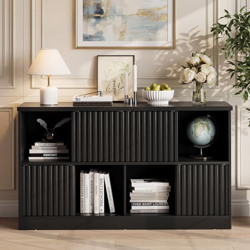 Einhomn 8 Cube Storage Organizer with Sliding Doors, Modern Fluted Bookshelf ...