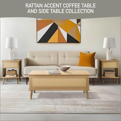 Ink+Ivy End Table with Handwoven Rattan Design, Night Stand with Storage Draw...
