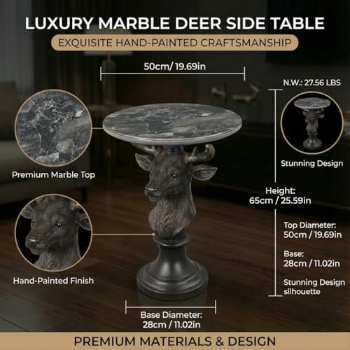 Modern End Table Black Deer Statue Side Table with Faux Marble Round top, 28" Tall 19.69" Wide Contemporary Nightstand for Living Room, Office and Reception Area Gift for Mom and Dad
