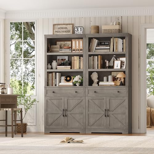 HOSTACK 72" Bookshelf with Storage, Tall Bookcase w/Deep Cabinet, Ash Grey