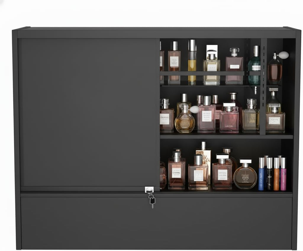 WISDOMFUR 4-Foot Display Showcase with LED Lighting – 48" L x 18" W x 38" H, Adjustable Glass Shelf, Locking Sliding Doors, Melamine Finish – Black Retail Display Cabinet