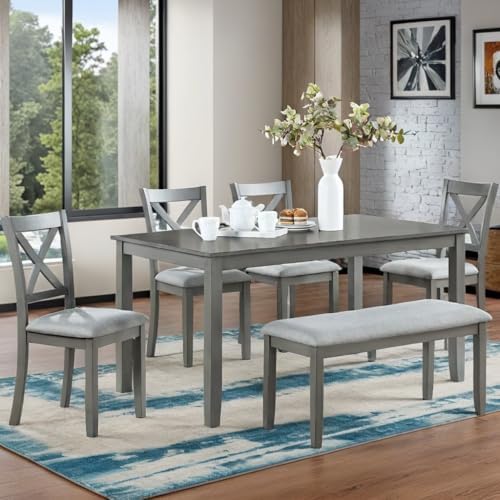 LUMISOL 6-Piece Dining Table Set with Bench, Farmhouse Solid Wood Kitchen Tab...