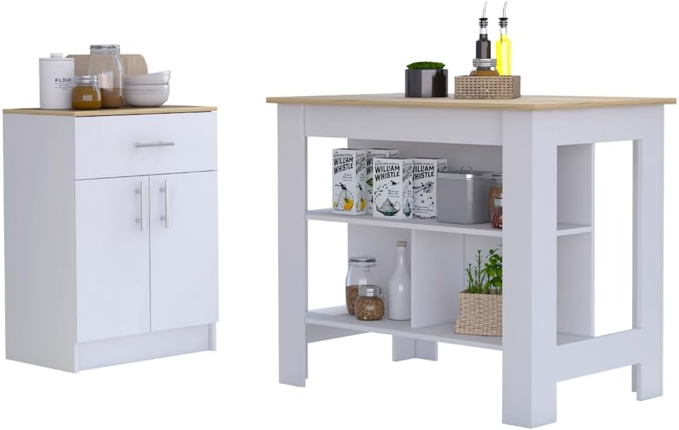 2 Piece Kitchen Set with Island and Pantry Cabinet, White/Light Oak | Include...