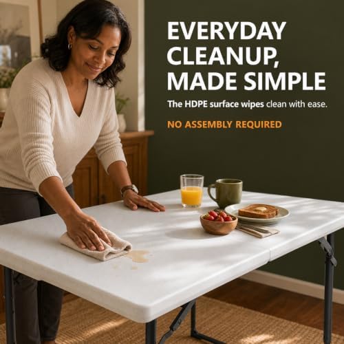4FT Folding Table 3 Levels Adjustable Height, Heavy Duty Fold-in-Half Portabl...