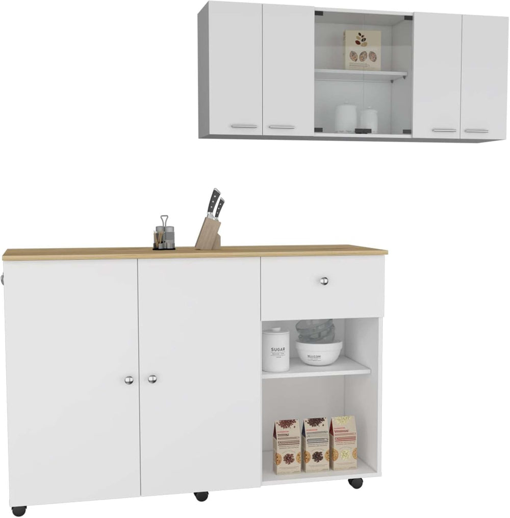 2 Piece Kitchen Set with Island Cart and Wall Cabinet | Includes pre-drilled ...