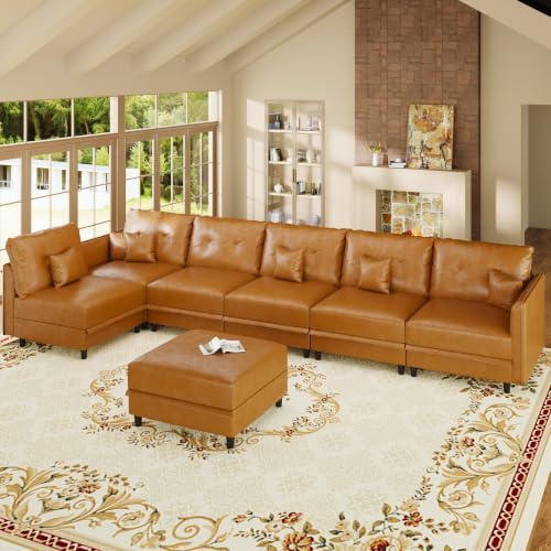 LLappuil 7-Seater L-Shaped Sectional Modular Sofa with Storage, Deep Seat Fau...