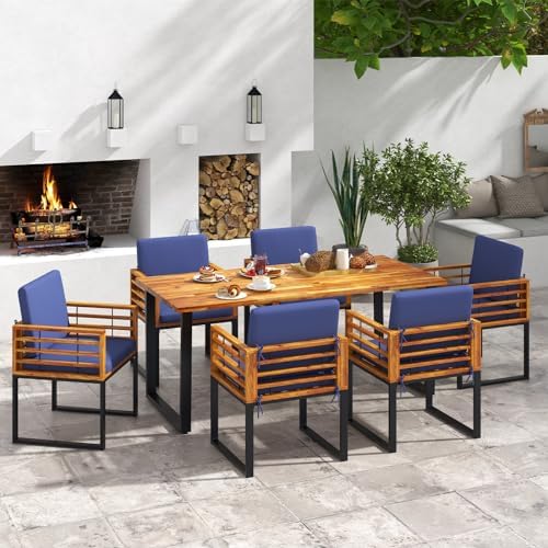 Tangkula 7 Piece Patio Dining Set, Acacia Wood Dining Chair & Table Set, ...