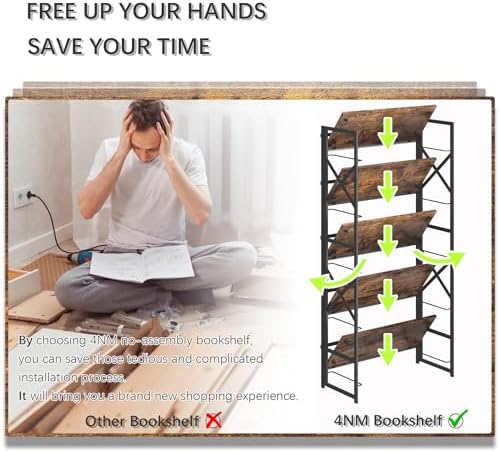 4NM 5 Tiers No Assembly Book Shelves, 51.2" H Folding Bookshelf Bookcase...