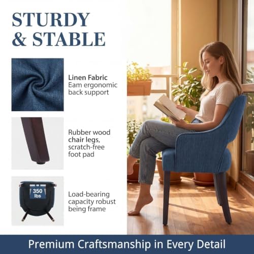 Blue Linen Upholstered Dining Room Chairs Set of 2 with Arms