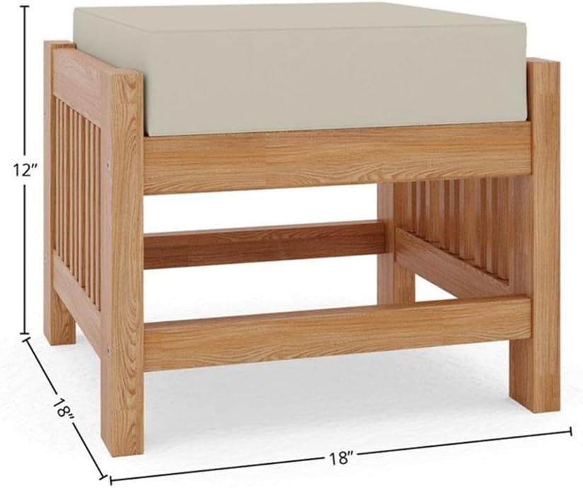 Pemberly Row Modern Teak Outdoor Ottoman, 18 x 18 x 12 in, Canvas Cushions, B...