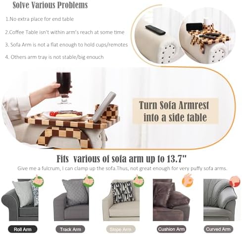 Nnewvante Checkerboard Couch Armrest Table, 3 in 1 Clip-on Table Rubberwood