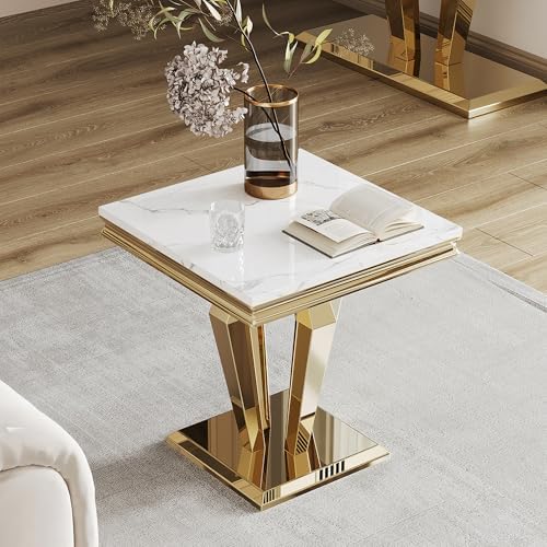 Faux Marble End Table, Modern 23" Square Side Table with Marble Tabletop...
