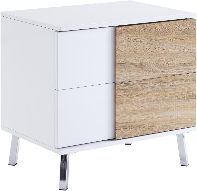Verux White High Gloss End Table - 2 Storage Drawers, Chrome Flared Legs, Dur...