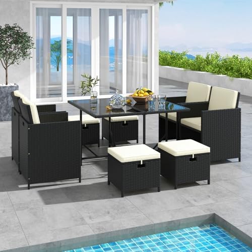 Tangkula 9 Pieces Outdoor Dining Furniture Set, Space-Saving Wicker Rattan Ch...