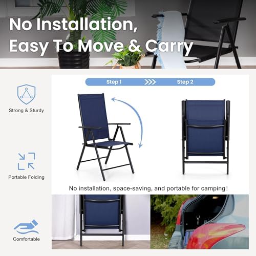 PHI VILLA Outdoor Dining Set for 4, Square Table w/Folding Chairs, Blue