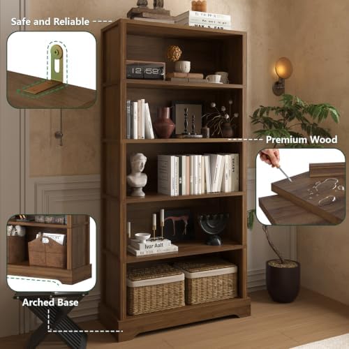 TVU 5 Tiers Wooden Bookshelf, 65.2" Tall Farmhouse Style Open Bookcase, ...
