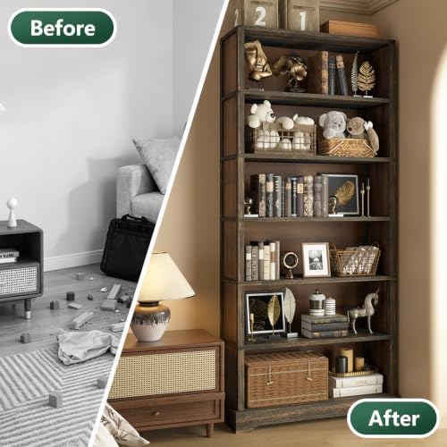 TVU 6 Tiers Wooden Bookshelf, 77.2" Tall Farmhouse Style Open Bookcase, ...