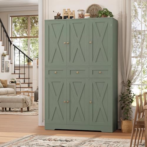 HOSTACK 67"H Farmhouse Kitchen Pantry Storage Cabinet with 3 Drawers, Gr...