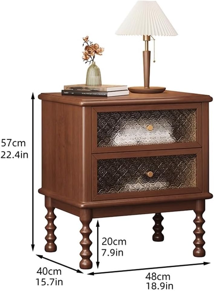 Vintage Wooden Nightstand Antique Bedside Table with 2 Floral Glass Drawers M...