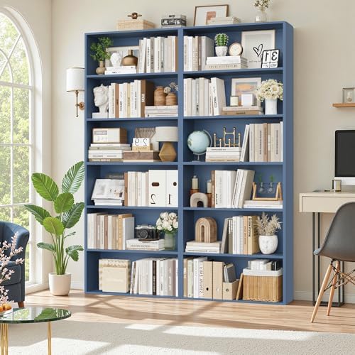 FOTOSOK 6 Tier Tall Bookshelf and Bookcase, Open Display Shelves, Blue 2PK