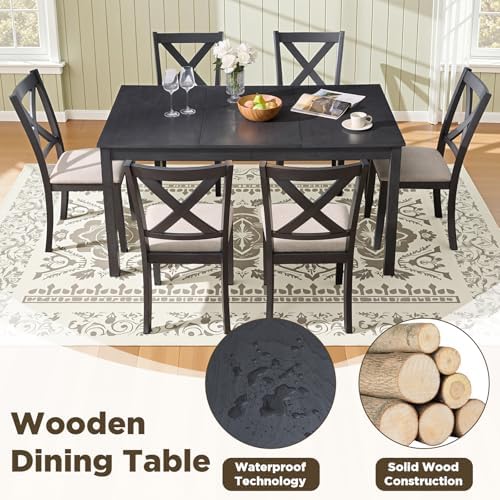 LUXOAK 7-Piece Farmhouse Kitchen Table and Chairs Set for 6, Grey & White