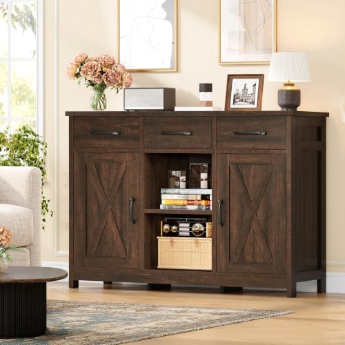 TEENFON Coffee Bar Cabinet with 3 Drawers, Farmhouse Buffet Cabinet