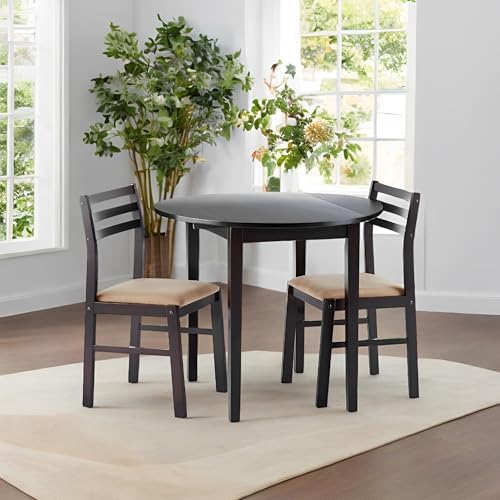 CARTESIAN 3-Piece Round Drop Leaf Dining Set, Cappuccino Table with Ladder Ba...