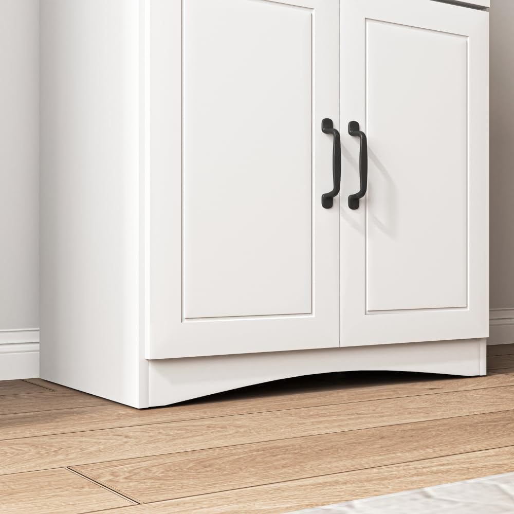 White Wooden Kitchen Cabinet, Pantry Storage Unit with Framed Glass Doors, Mi...