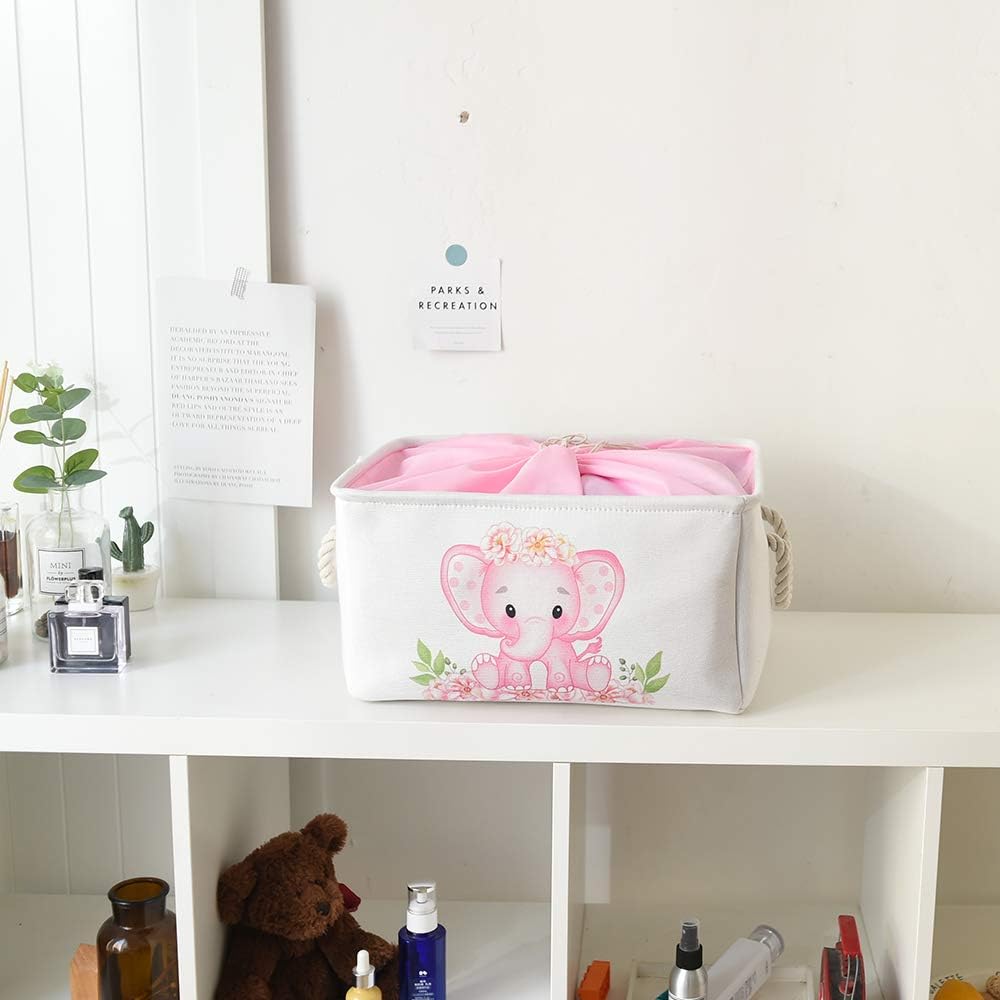 Pink Basket Elephant Storage Bins for Kids, Gift Box for Baby,Collapsible Storage Basket for Toys Clothes,Fabric Laundry Baskets for Baby/Kids/Nursery Room (Medium, Pink Elephant)