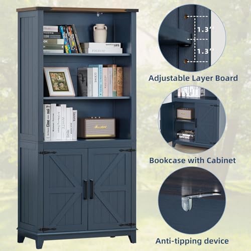 Joaxswe 70in Tall Bookshelf 5 Tier Bookcase with Barn Doors and Adjustable Sh...