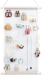 Mesh Earring Organizer with Wooden Rods Hanging Jewelry Display Holder for Earring Necklaces Bracelet Gift 13.7 * 23.6 Inches